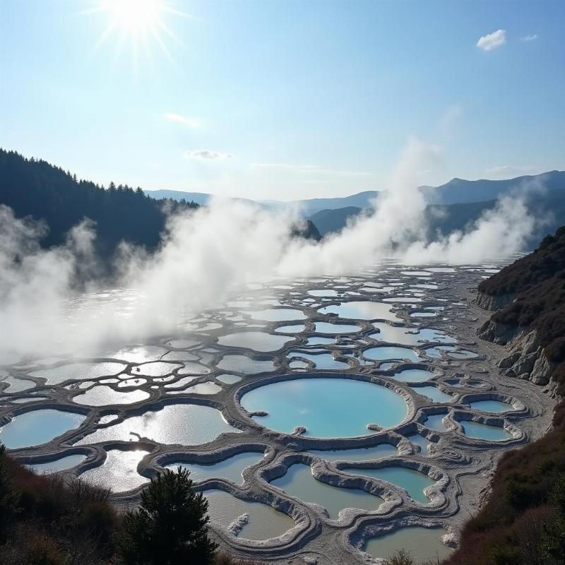 Toàn cảnh thành phố Beppu Onsen với làn khói bốc lên từ các suối nước nóng, tạo nên khung cảnh độc đáo và kỳ vĩ, thu hút du khách từ khắp nơi