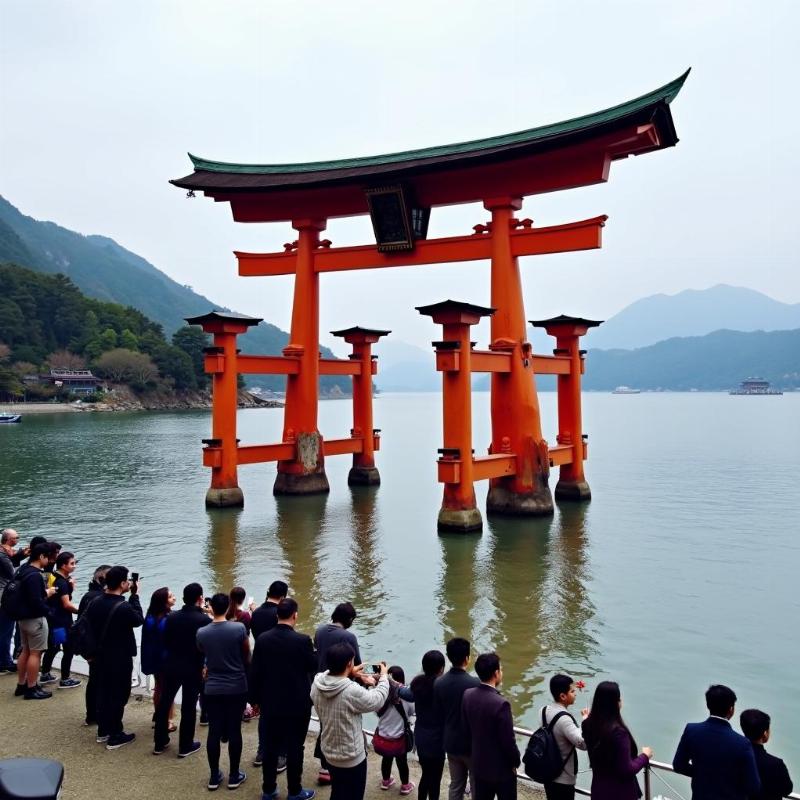 Cổng Torii Hòa Bình màu đỏ tươi nổi bật trên mặt hồ Ashi tại Đền Hakone Jinja, với một hàng dài du khách xếp hàng chờ chụp ảnh, thể hiện sự nổi tiếng và hấp dẫn của điểm đến