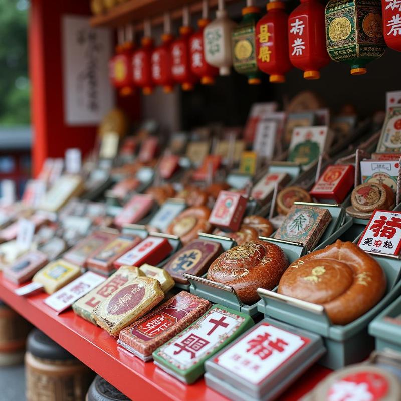 Một quầy bán Omamori và các vật phẩm cầu nguyện khác tại Đền Hakone Jinja, với nhiều loại bùa may mắn được trưng bày gọn gàng, mang ý nghĩa tâm linh cho du khách
