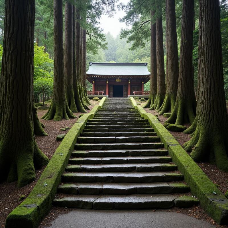Cầu thang đá rêu phong dẫn lên đền chính Hakone Jinja, được bao quanh bởi những cây tuyết tùng cổ thụ cao vút, tạo nên một không gian linh thiêng và yên bình
