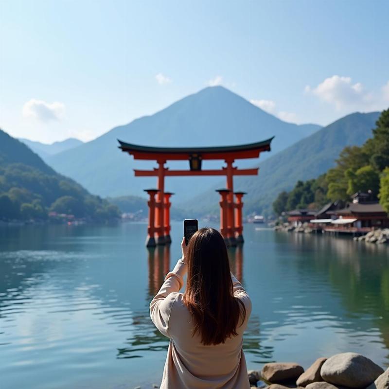 Một du khách đang chụp ảnh tại Cổng Torii nổi trên hồ Ashi của đền Hakone Jinja, với khung cảnh hùng vĩ của hồ và núi rừng phía sau, thể hiện vẻ đẹp của địa điểm check-in nổi tiếng
