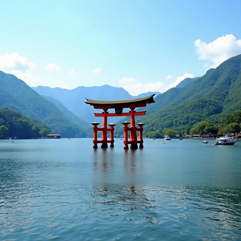 Vị trí đền Hakone Jinja bên bờ hồ Ashi, với cổng torii đỏ rực nổi bật trên mặt nước, bao quanh bởi cảnh quan núi rừng hùng vĩ