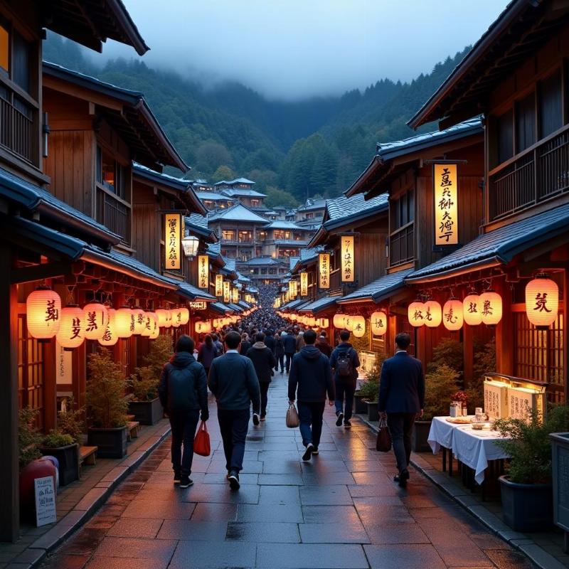 Một khu phố ăn uống nhộn nhịp gần Yubatake ở Kusatsu Onsen với các nhà hàng truyền thống và du khách đi dạo