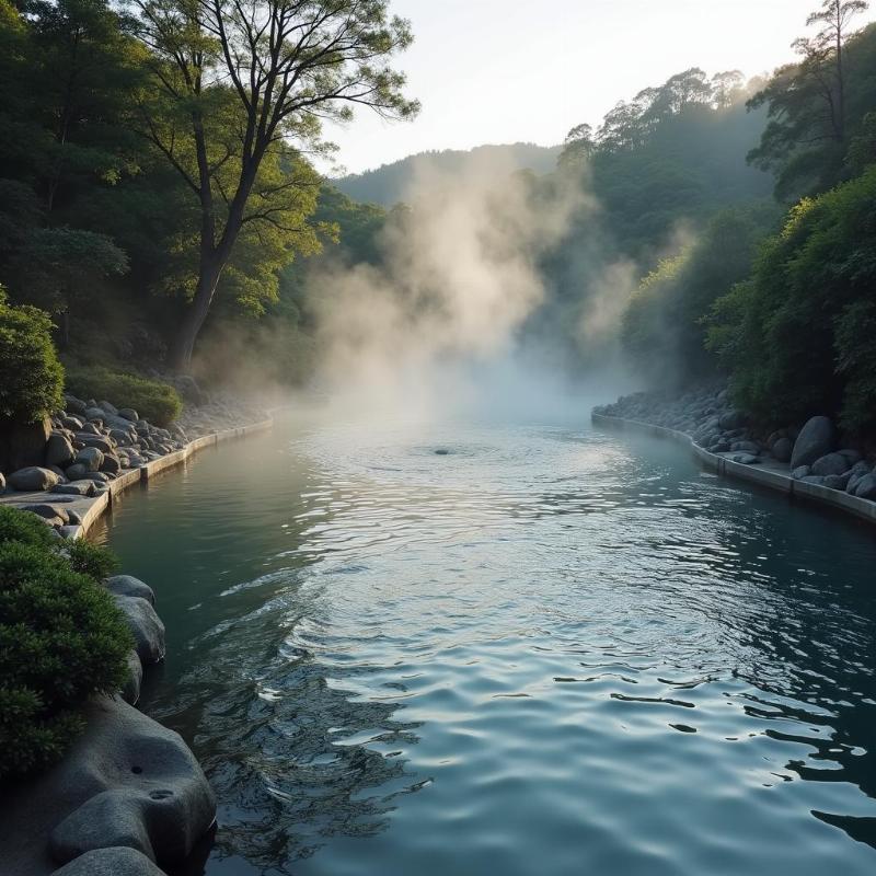 Một bể tắm onsen ngoài trời tuyệt đẹp tại Hyotan Onsen ở Beppu, với làn khói bốc lên nhẹ nhàng và không gian thư thái, mang đến trải nghiệm ngâm mình vào thiên nhiên đích thực