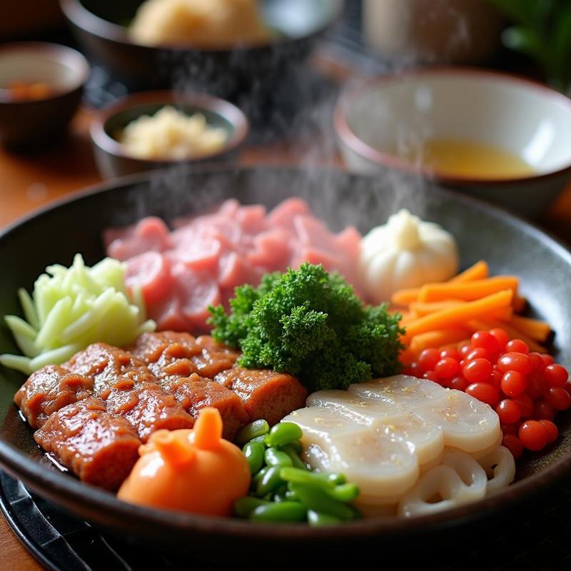 Một mâm cơm Jigoku Mushi hấp dẫn, với các loại rau củ, hải sản và thịt được hấp chín bằng hơi nước nóng từ các suối địa nhiệt của Beppu, mang đến hương vị tươi ngon tự nhiên