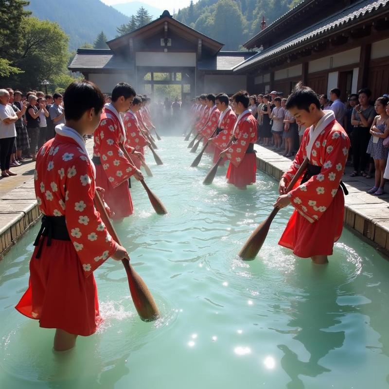 Màn trình diễn Yumomi sôi động tại Netsunoyu Kusatsu Onsen với những người biểu diễn trong trang phục truyền thống
