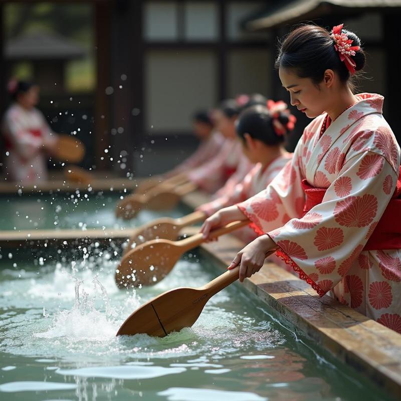 Người phụ nữ Nhật Bản trong trang phục truyền thống trình diễn Yumomi tại Kusatsu Onsen