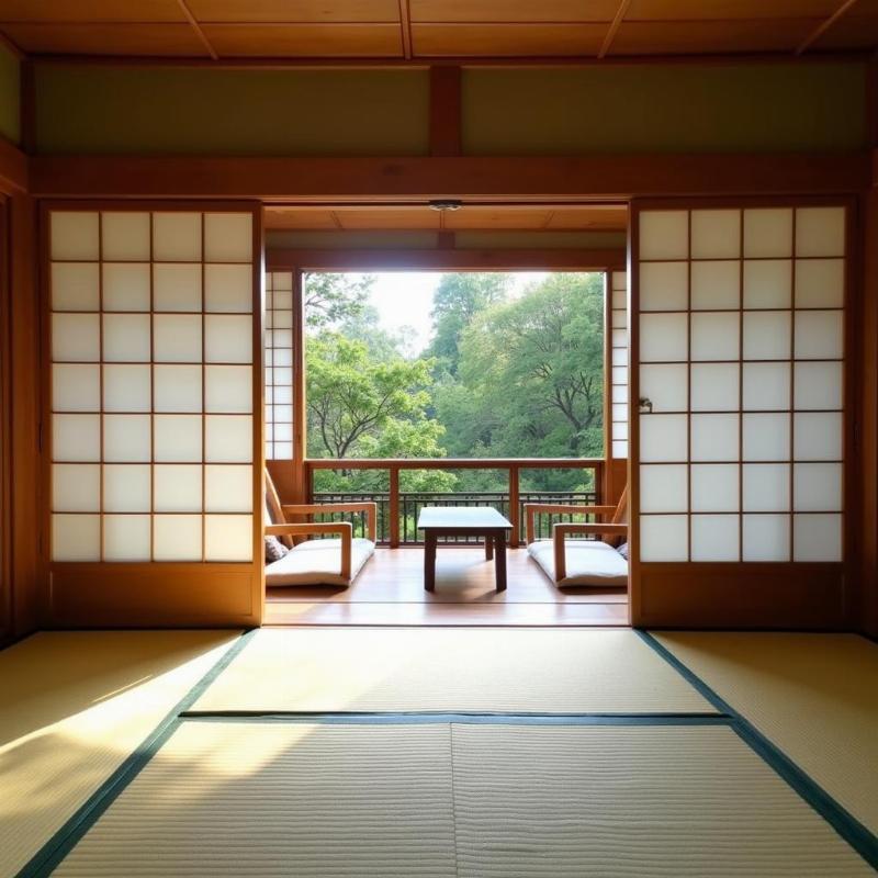 Một phòng ryokan truyền thống ở Beppu với chiếu tatami, cửa lùa giấy và tầm nhìn ra khu vườn yên tĩnh, mang đến trải nghiệm lưu trú đậm chất Nhật Bản, thanh bình và ấm cúng