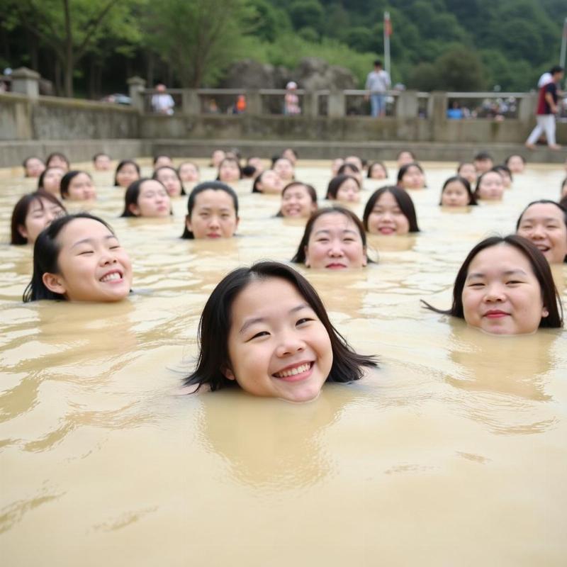 Du khách đang trải nghiệm tắm cát nóng tại Takegawara Onsen, chỉ còn lộ ra phần đầu, thư giãn trong hơi ấm của cát được làm nóng tự nhiên, một trải nghiệm độc đáo và thư giãn