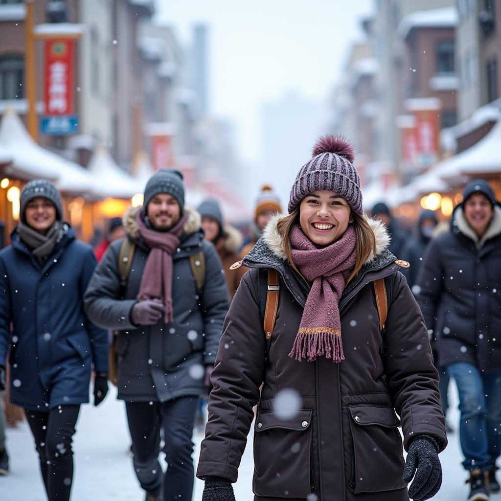 Nguoi di le hoi tuyet Sapporo mac trang phuc am ap