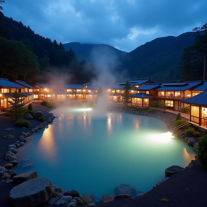Toàn cảnh Yubatake Kusatsu Onsen về đêm với làn khói mờ ảo và ánh đèn lung linh huyền bí