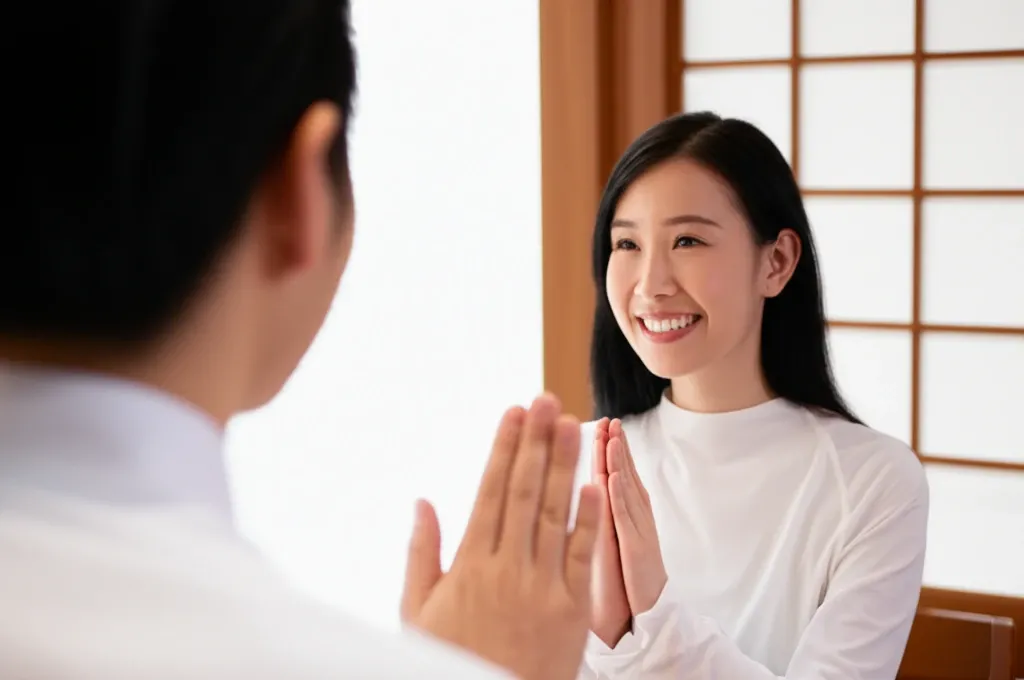 Khách du lịch Việt mỉm cười chào người Nhật trong nhà hàng, sử dụng Konnichiwa để tương tác văn hóa.