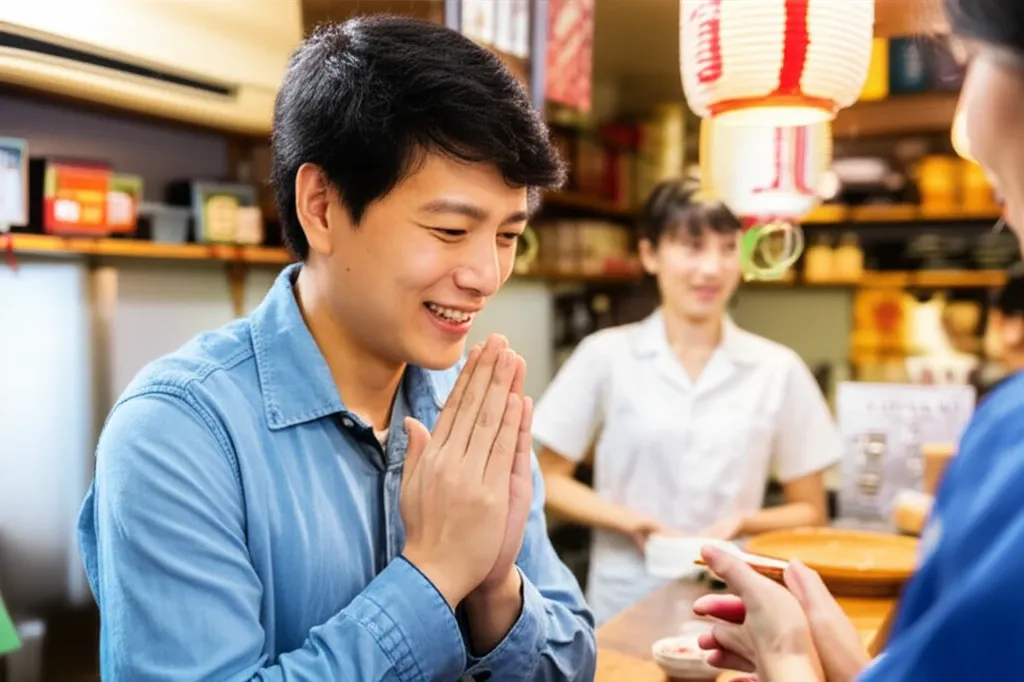 Một du khách Việt chào nhân viên trong Izakaya Nhật Bản vào buổi chiều, không khí ấm cúng, truyền thống.