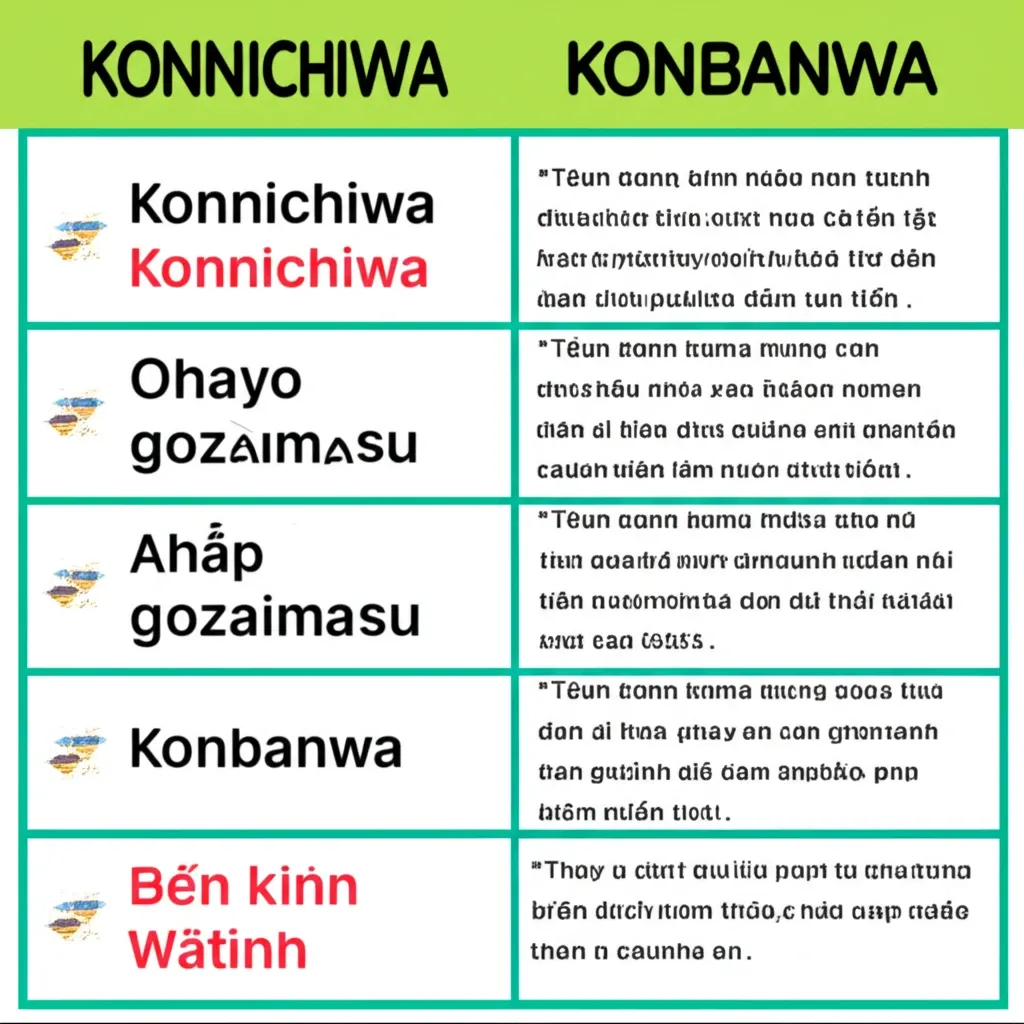 Bảng tra cứu các câu chào buổi trưa tiếng Nhật và các lời chào cơ bản cho khách du lịch.