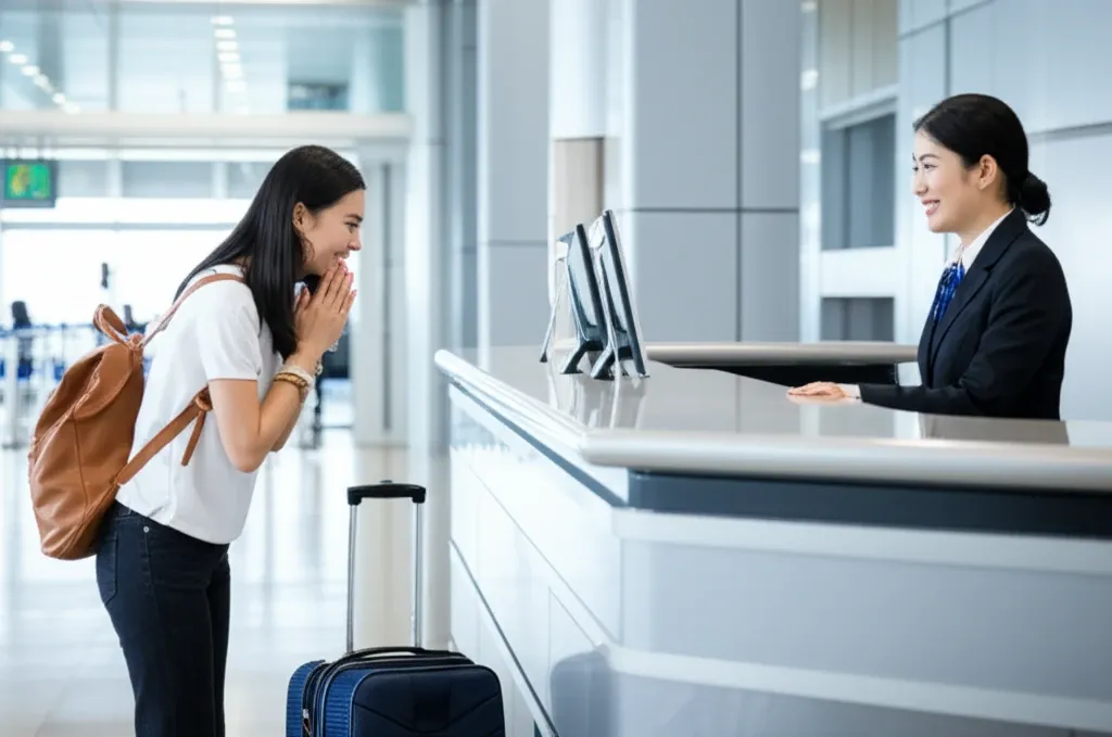 Khách du lịch Việt chào hỏi nhân viên tại sân bay Nhật Bản bằng cách chào buổi trưa.