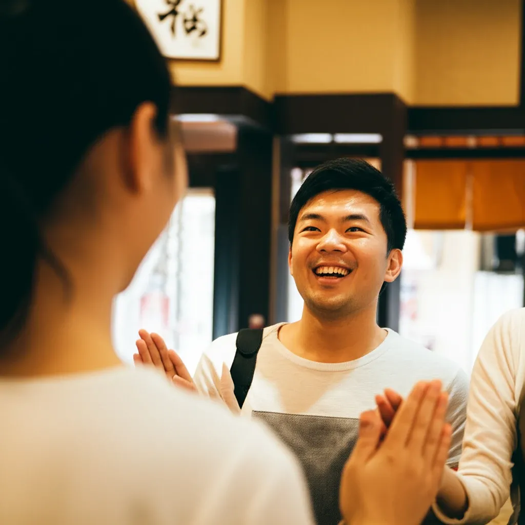 Khách du lịch Việt Nam chào hỏi nhân viên nhà hàng Nhật Bản