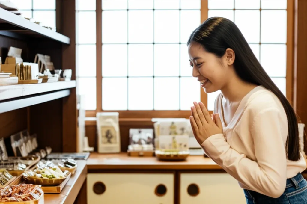 Du khách Việt nói cảm ơn tiếng Nhật tại một cửa hàng truyền thống Nhật Bản để thể hiện sự tôn trọng văn hóa.