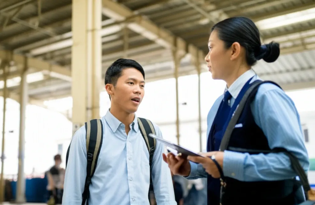 Du khách Việt Nam đang tự tin giao tiếp tiếng Nhật tại một nhà ga đông đúc ở Nhật Bản