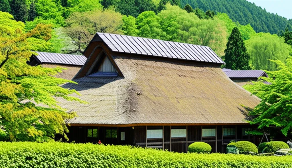 Những ngôi nhà mái tranh Gassho-mura tại Gero Onsen vào mùa xuân, với cây xanh và hoa nở rộ.