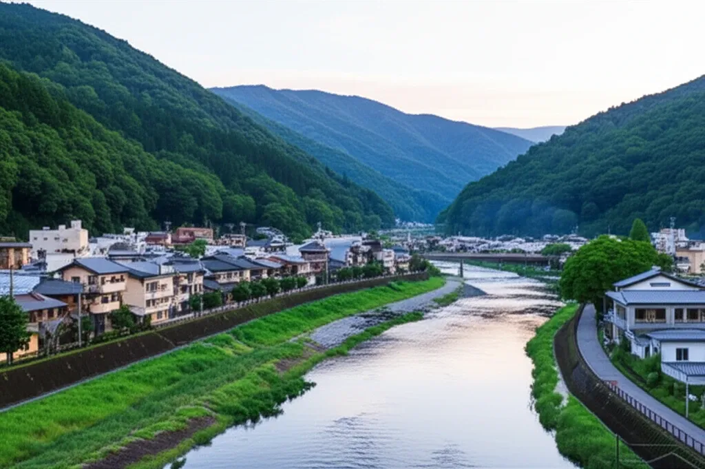 Cảnh quan Gero Onsen với dòng sông Hida và những ngọn núi xanh biếc, tạo nên bức tranh thiên nhiên yên bình.