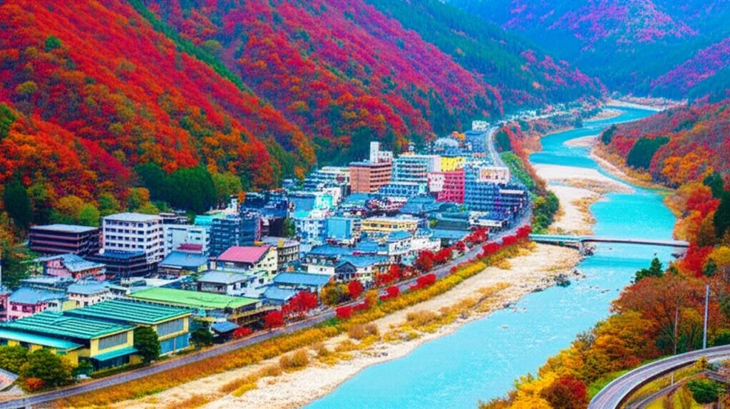 Toàn cảnh Gero Onsen vào mùa thu với những hàng cây lá đỏ rực rỡ bên dòng sông Hida.