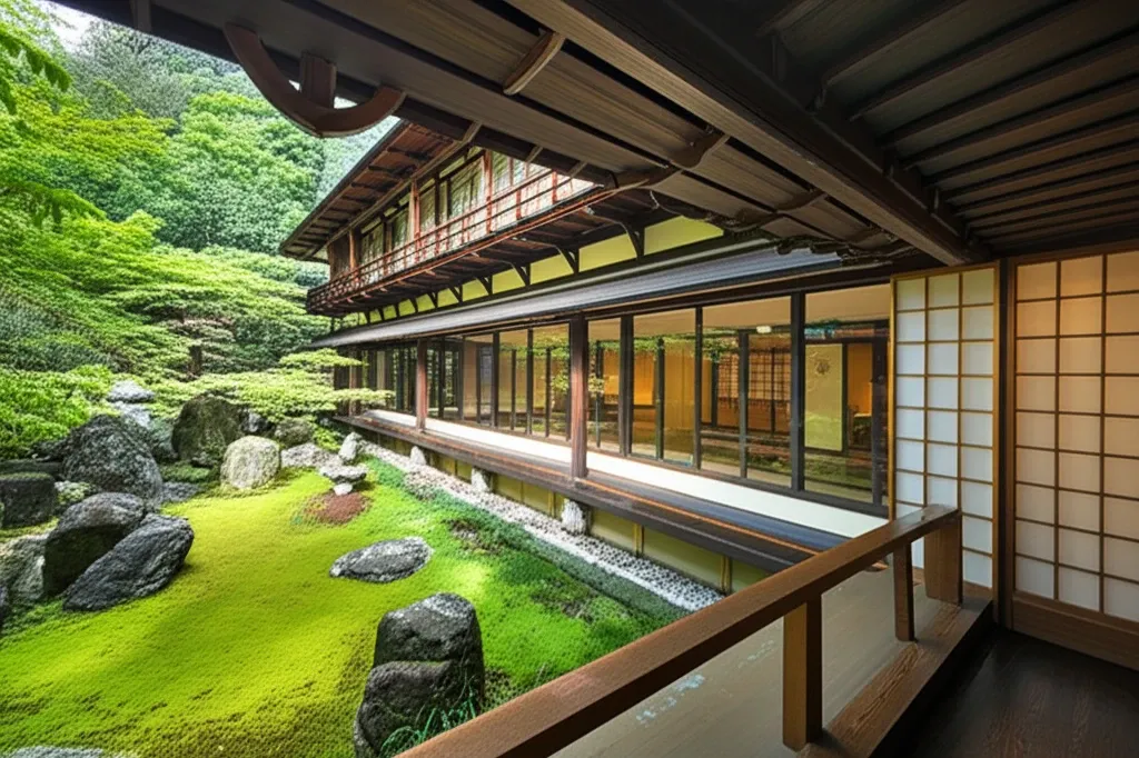Một ryokan truyền thống ở Gero Onsen với kiến trúc gỗ cổ kính và khu vườn Nhật Bản yên tĩnh.