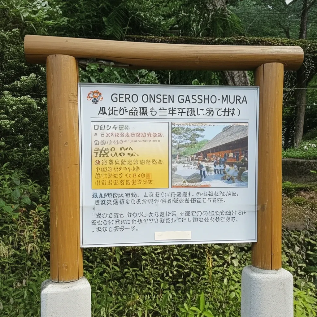 Bảng thông tin giá vé và giờ mở cửa của Làng Cổ Gassho-mura.