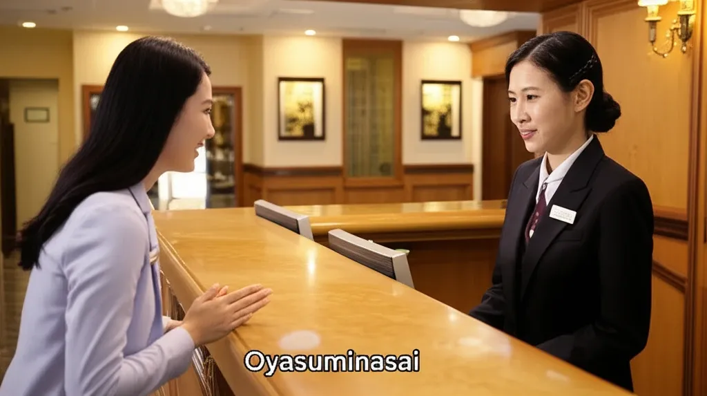 Một du khách Việt Nam đang lịch sự chào và chúc ngủ ngon nhân viên khách sạn Nhật Bản vào buổi tối