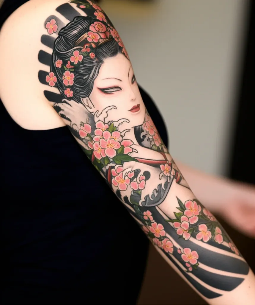 Hình xăm cô gái Nhật với hoa anh đào nở rộ, biểu tượng của vẻ đẹp phù du và tinh thần sống mãnh liệt