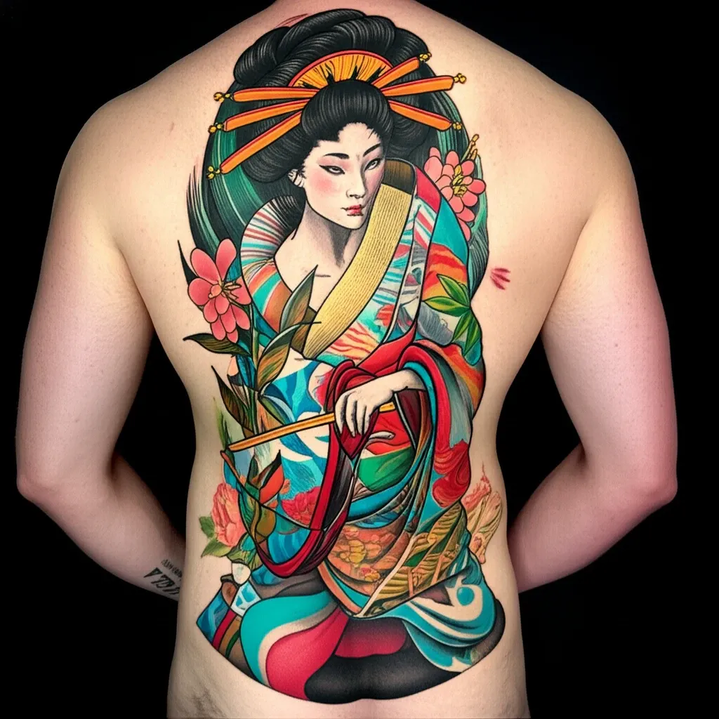 Hình xăm Geisha với áo kimono truyền thống, vẻ đẹp tinh tế và bí ẩn của người phụ nữ Nhật Bản