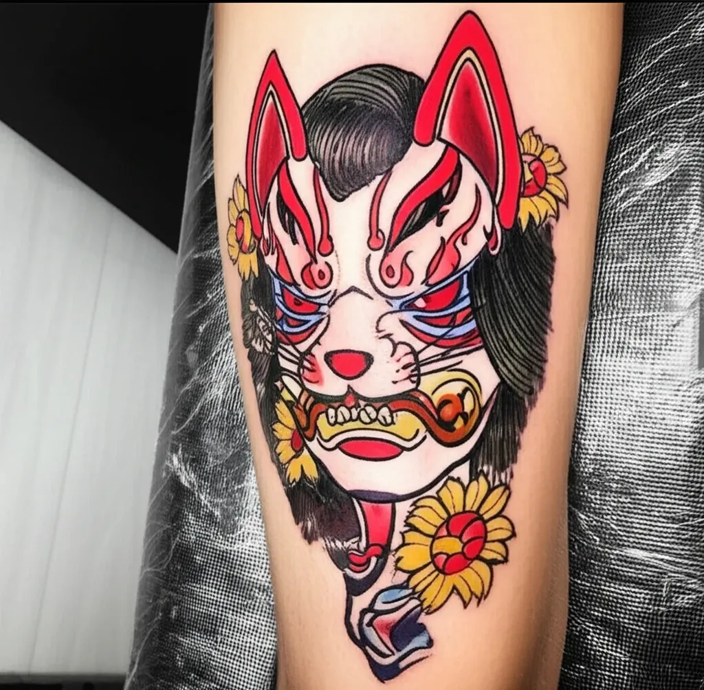 Hình xăm Hồ Ly Tinh Kitsune trong lốt cô gái Nhật, với mặt nạ và hoa văn truyền thống