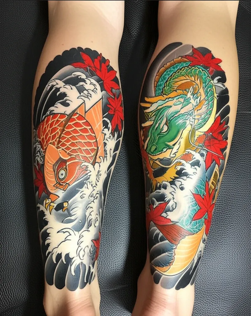 Hình xăm Nhật cổ full chân kết hợp cá chép Koi hóa rồng, biểu tượng của sự kiên trì và thành công vượt bậc, với màu sắc truyền thống.