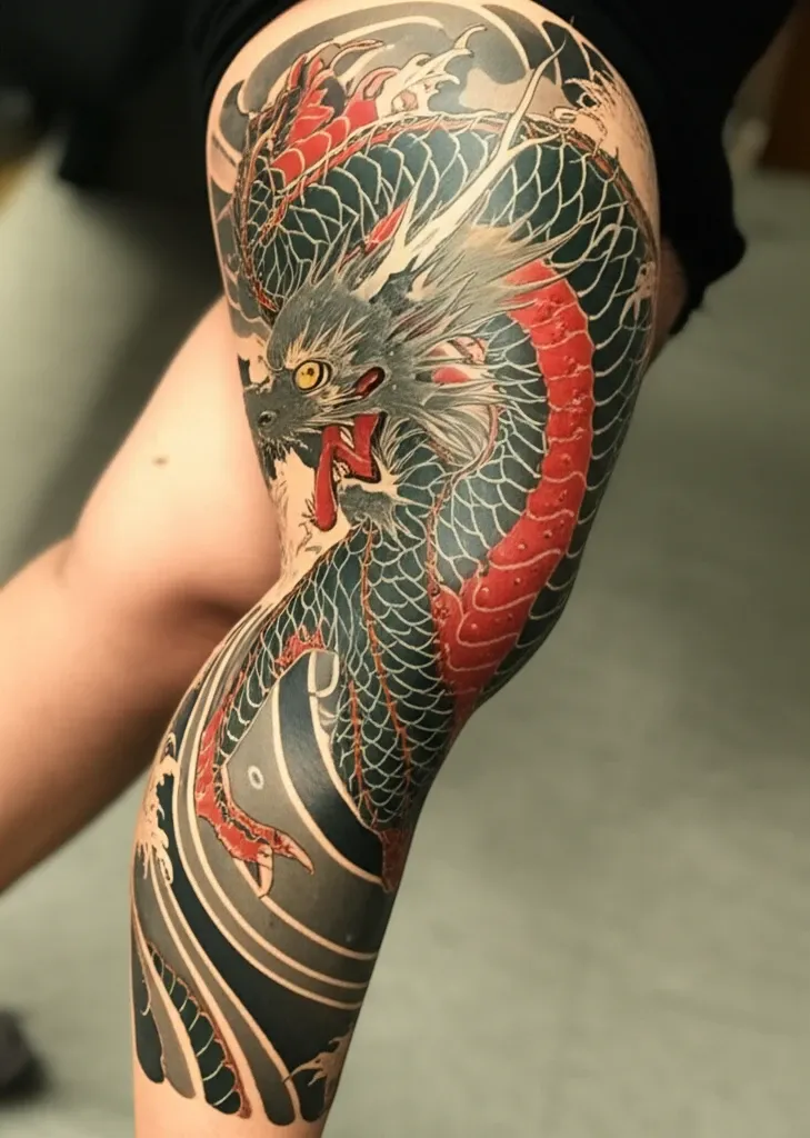 Hình xăm Nhật cổ full chân với họa tiết rồng và sóng, thể hiện lịch sử phát triển nghệ thuật Irezumi.