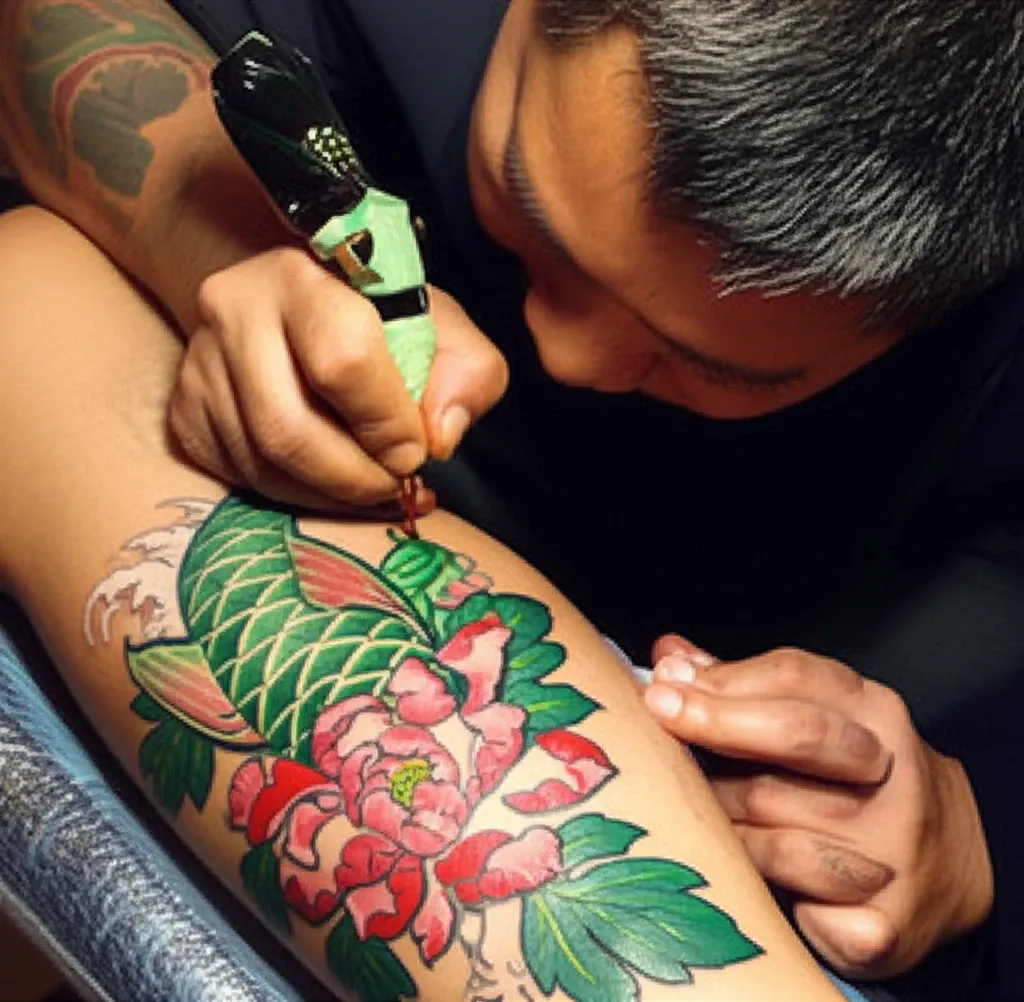 Một nghệ nhân xăm hình Irezumi đang tỉ mỉ thực hiện một hình xăm full chân theo phong cách Nhật cổ truyền thống, tập trung vào chi tiết và bố cục tổng thể.