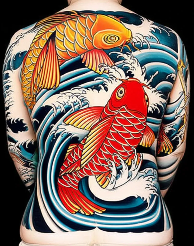 Hình xăm cá chép Koi Nhật cổ full lưng biểu tượng ý chí vượt khó