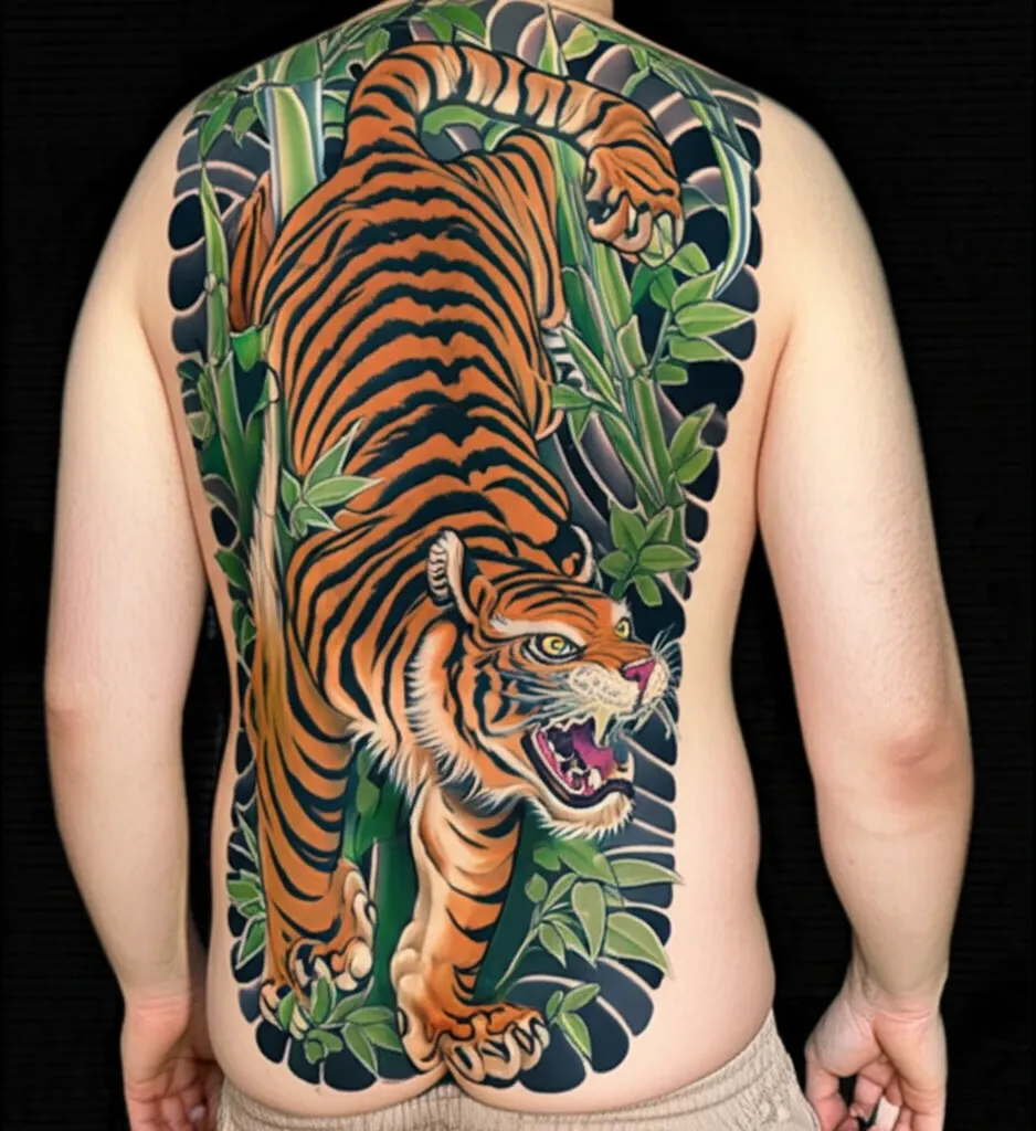 Mẫu hình xăm Nhật cổ full lưng hình hổ mạnh mẽ trong rừng tre