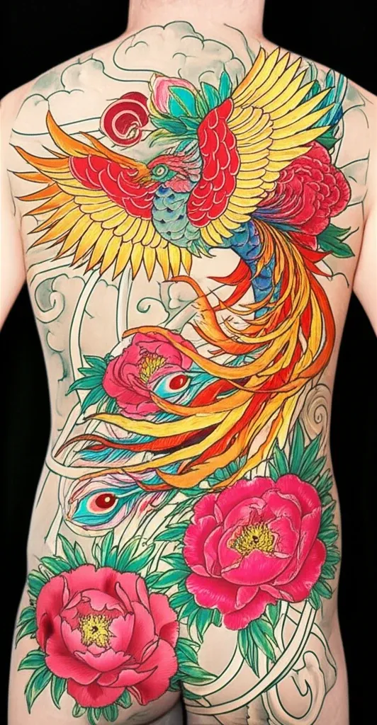 Hình xăm phượng hoàng và hoa mẫu đơn Nhật cổ full lưng trang nhã