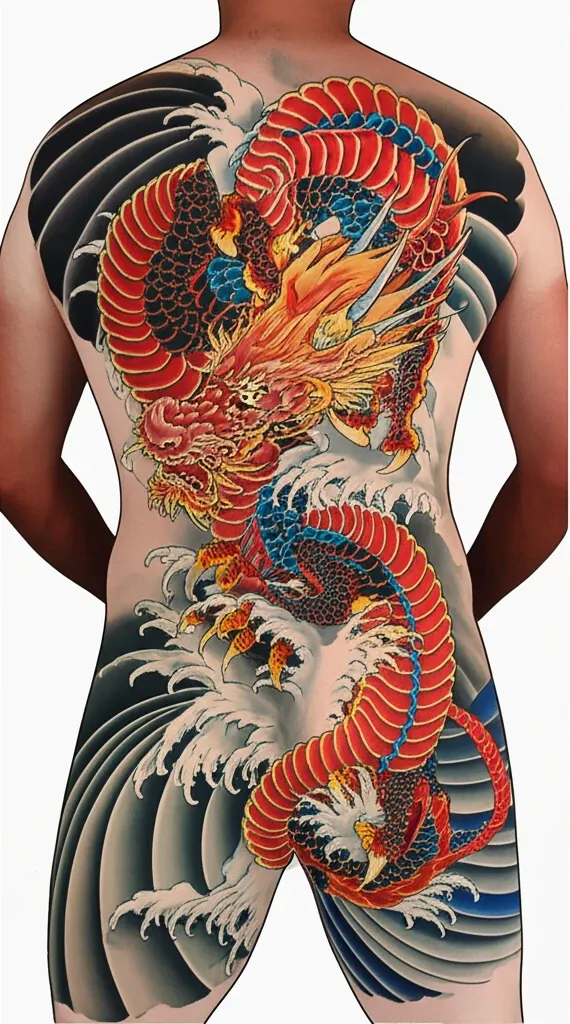Hình xăm Nhật cổ full lưng hình rồng cuộn mình mạnh mẽ giữa mây trời