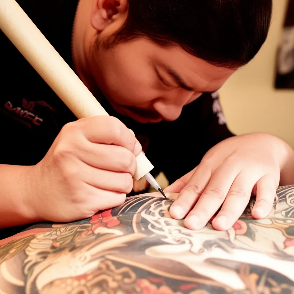 Một nghệ nhân Horishi đang thực hiện kỹ thuật xăm Tebori truyền thống cho hình xăm Nhật cổ.