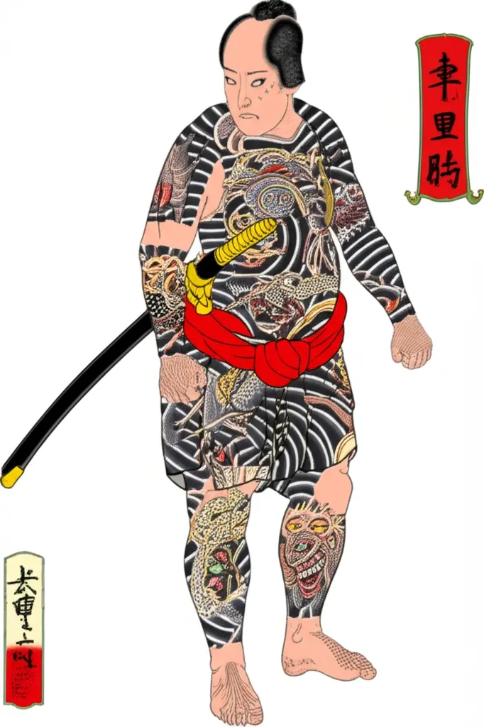 Một bức tranh Ukiyo-e mô tả lính cứu hỏa Nhật cổ với hình xăm Irezumi trên người trong thời Edo.