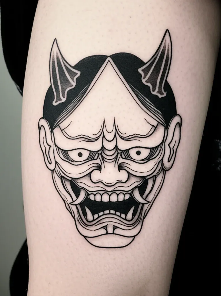 Một hình xăm mặt nạ Hannya Nhật cổ với chi tiết đáng sợ và buồn bã trên cánh tay.