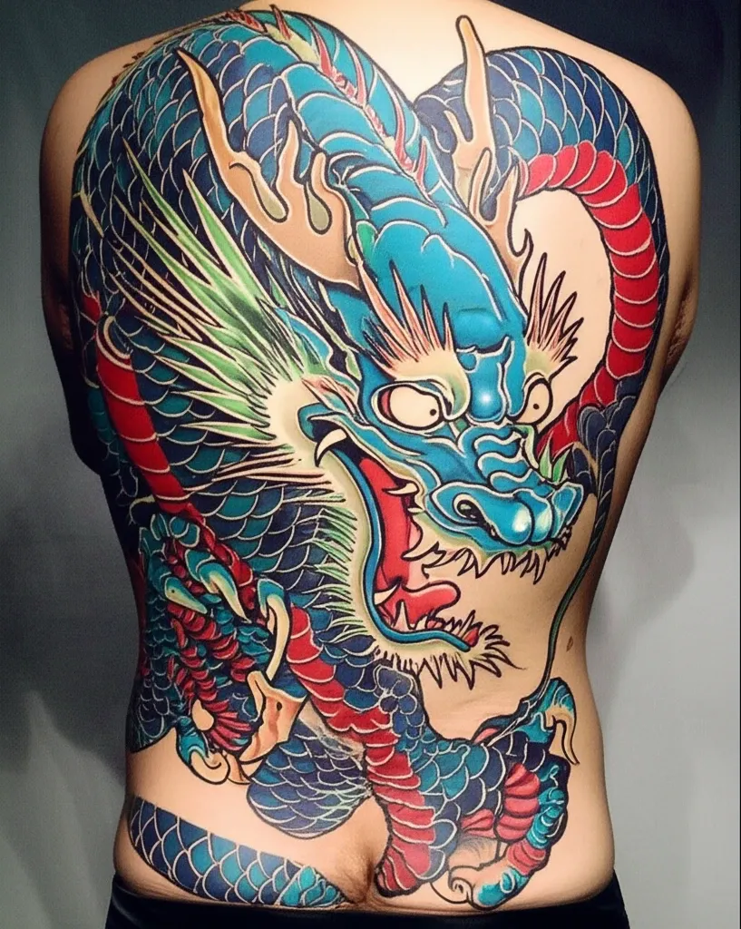 Một hình xăm rồng Nhật cổ (Ryu) khổng lồ, che kín toàn bộ lưng, thể hiện sức mạnh và trí tuệ.
