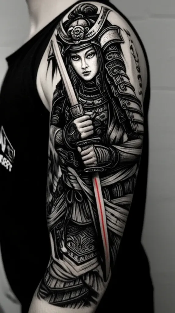 Hình xăm nữ Samurai Nhật Bản trong bộ kimono và áo giáp, thể hiện sự mạnh mẽ và tinh thần chiến binh