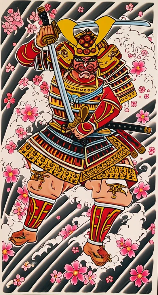 Hình xăm Samurai Nhật cổ với kiếm Katana, biểu tượng của sự dũng cảm và tinh thần võ sĩ đạo.
