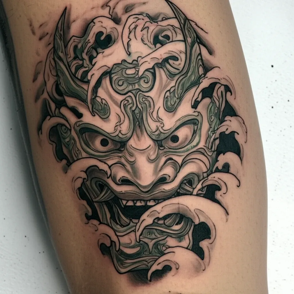 Hình xăm Samurai với mặt nạ Oni, biểu tượng của sự hung tợn và bí ẩn.