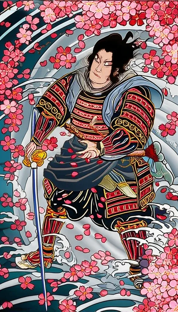 Hình xăm Samurai với hoa anh đào, biểu trưng cho sự vinh quang và cái chết đẹp.