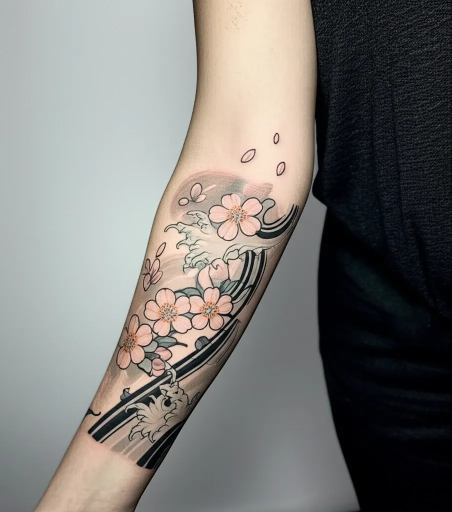 Một thiết kế hình xăm vòng tay Irezumi tối giản với họa tiết hoa anh đào và sóng nước