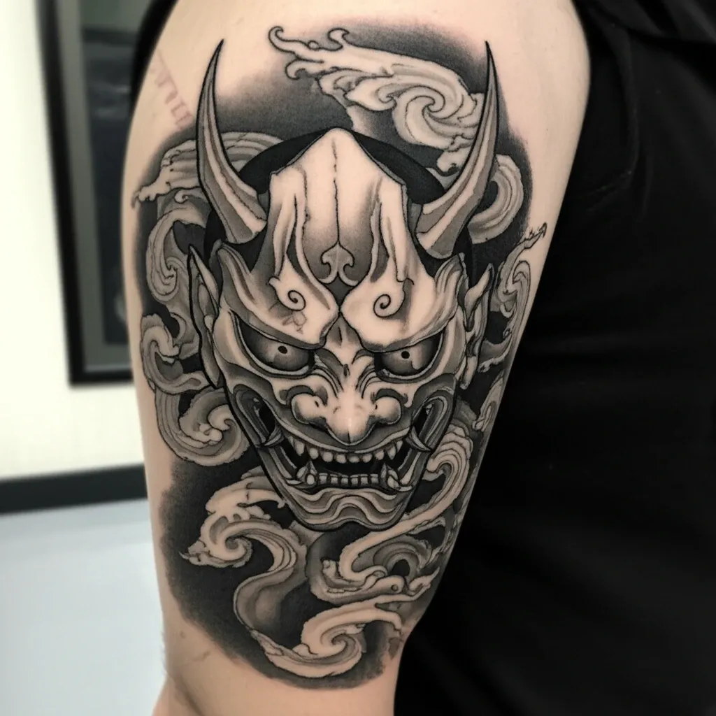 Hình xăm vòng tay mặt nạ Hannya với biểu cảm phức tạp, tượng trưng cho sự bảo vệ