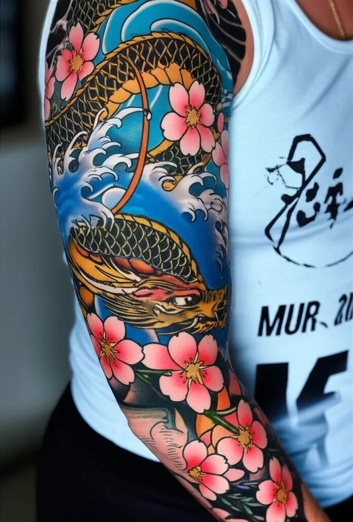 Hình xăm vòng tay Nhật cổ với các họa tiết truyền thống, thể hiện sự mạnh mẽ và tinh xảo