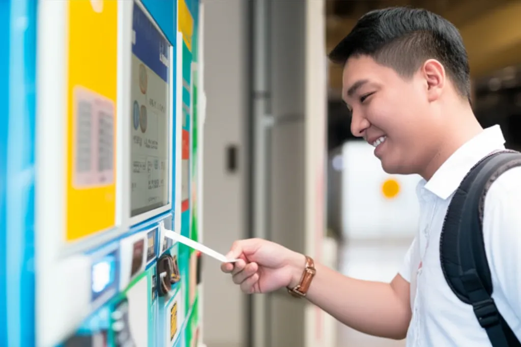 Một khách du lịch Việt Nam đang mua vé tàu điện ngầm tại máy bán vé tự động ở Nhật, vẻ mặt tự tin và hiểu biết